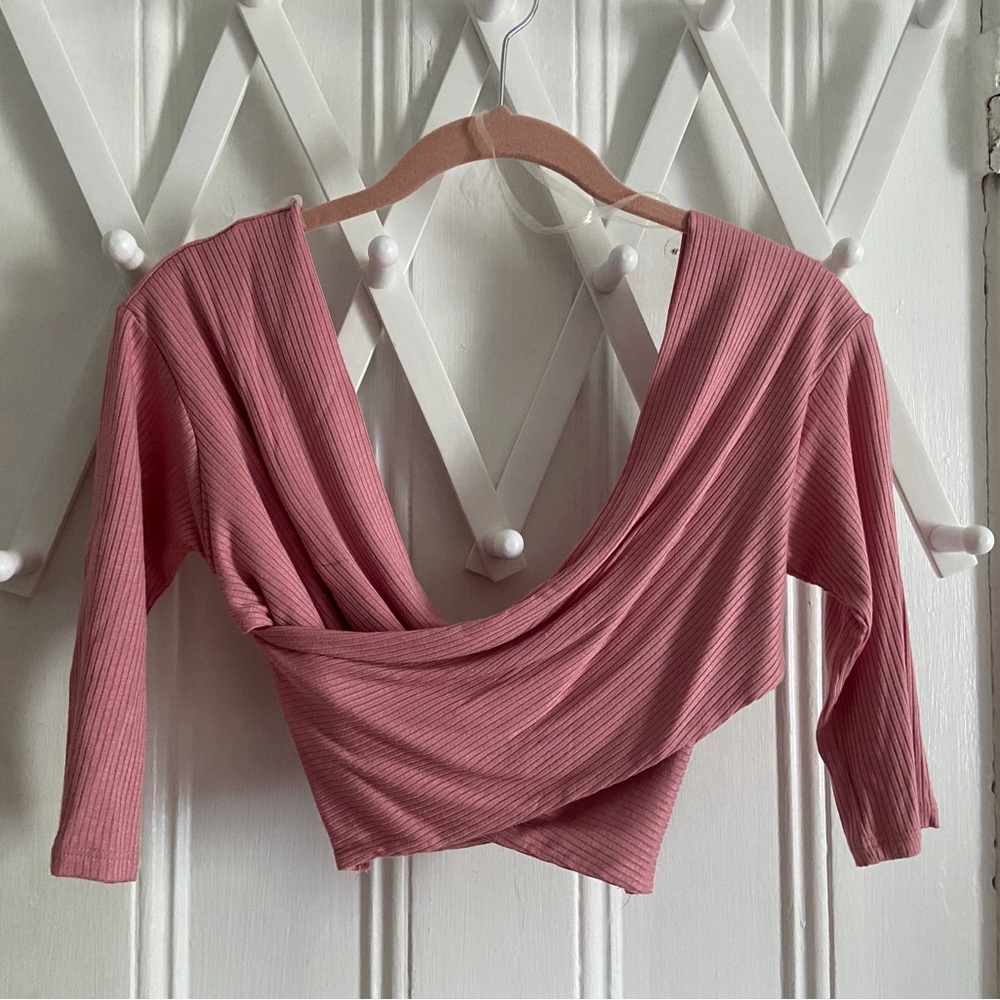 🆕 Ribbed Mauve Pink Wrap Crop Top - Feminine Crossfront Style